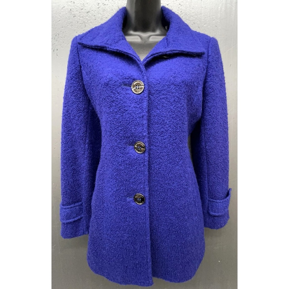 Vintage Boiled Wool Coat Women 8P Blue Pockets Preppy Y2K Vibrant Luxury